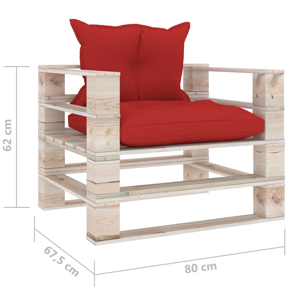 vidaXL Градински палетен диван с червени възглавници, бор