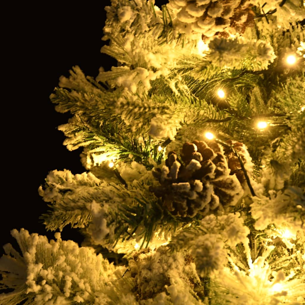vidaXL Осветена коледна елха с флокиран сняг и шишарки 150 см PVC и PE