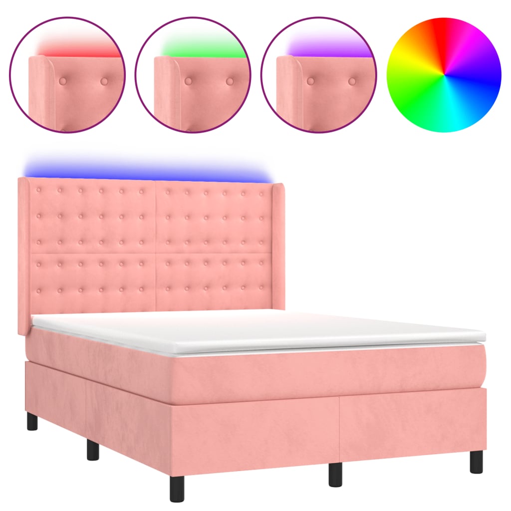 vidaXL Боксспринг легло с матрак и LED, розово, 140x190 см, кадифе