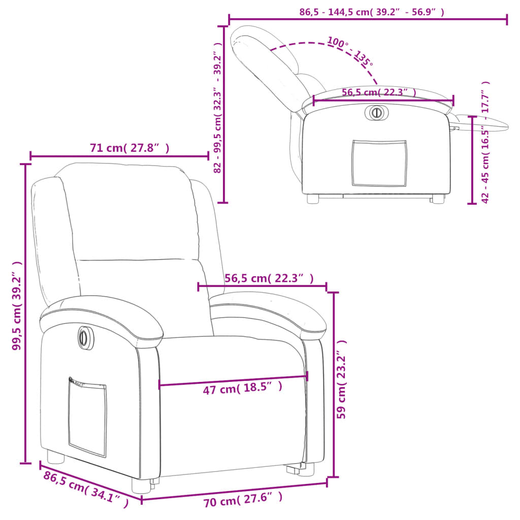 vidaXL Електрически изправящ реклайнер стол, сив, естествена кожа