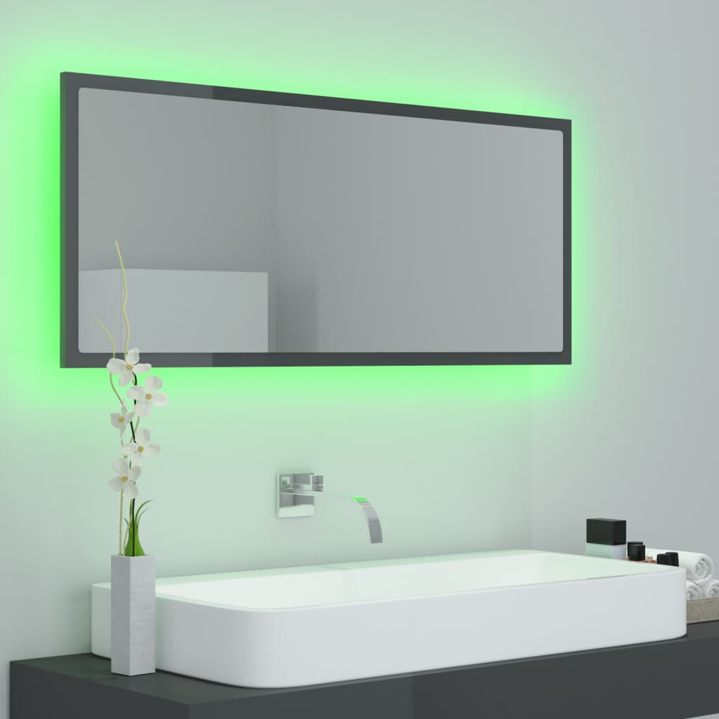 vidaXL LED огледало за баня, сив гланц, 100x8,5x37 см, акрил