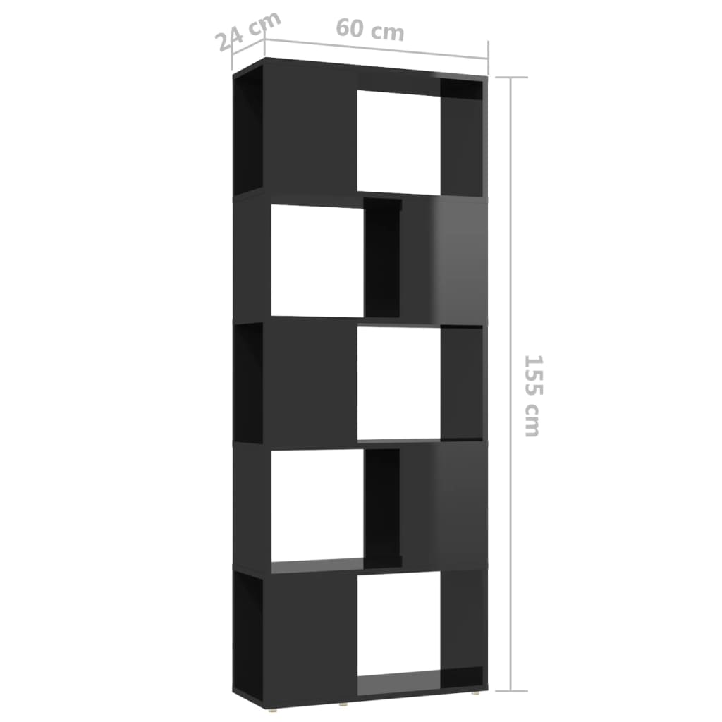 vidaXL Библиотека/разделител за стая, черен гланц, 60x24x155 см