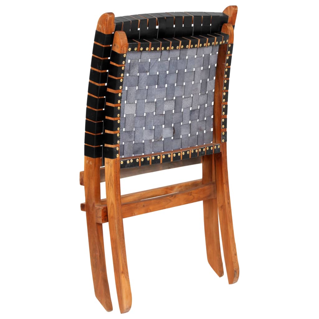 vidaXL Сгъваем стол, кръстосани ивици, черен, естествена кожа