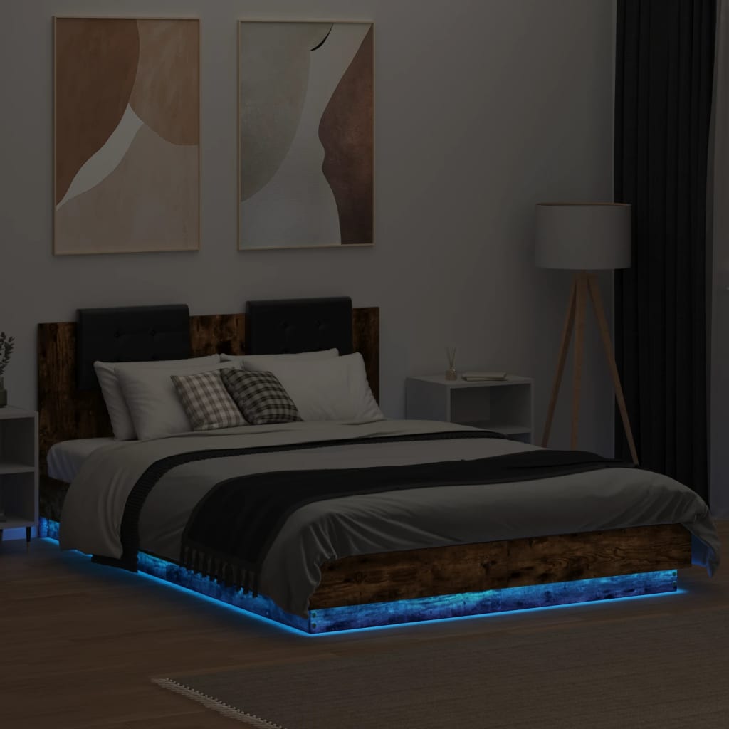 vidaXL Рамка за легло с табла и LED осветление, опушен дъб, 150x200 см