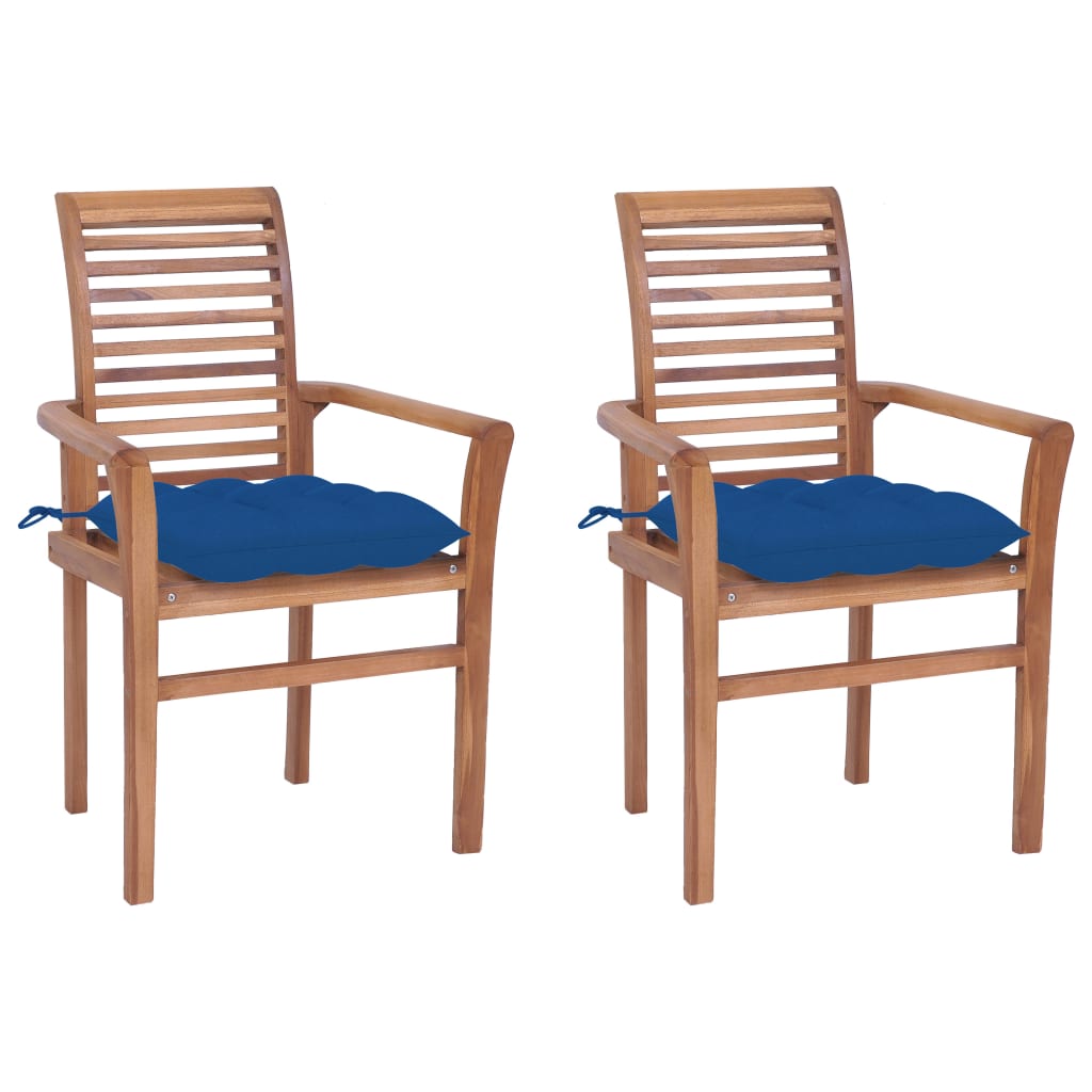 vidaXL Трапезни столове 2 бр сини възглавници тиково дърво масив