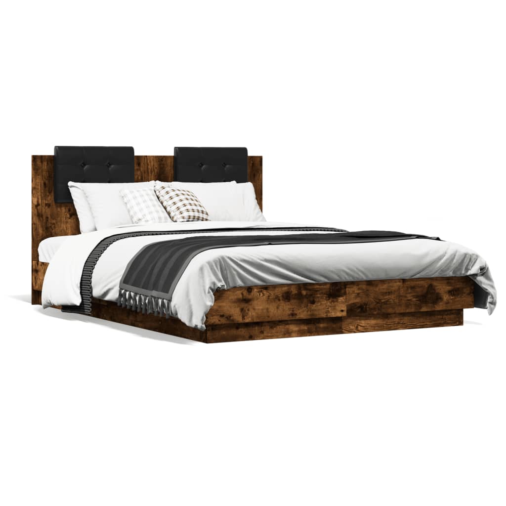vidaXL Рамка за легло с табла и LED осветление, опушен дъб, 120x190 см