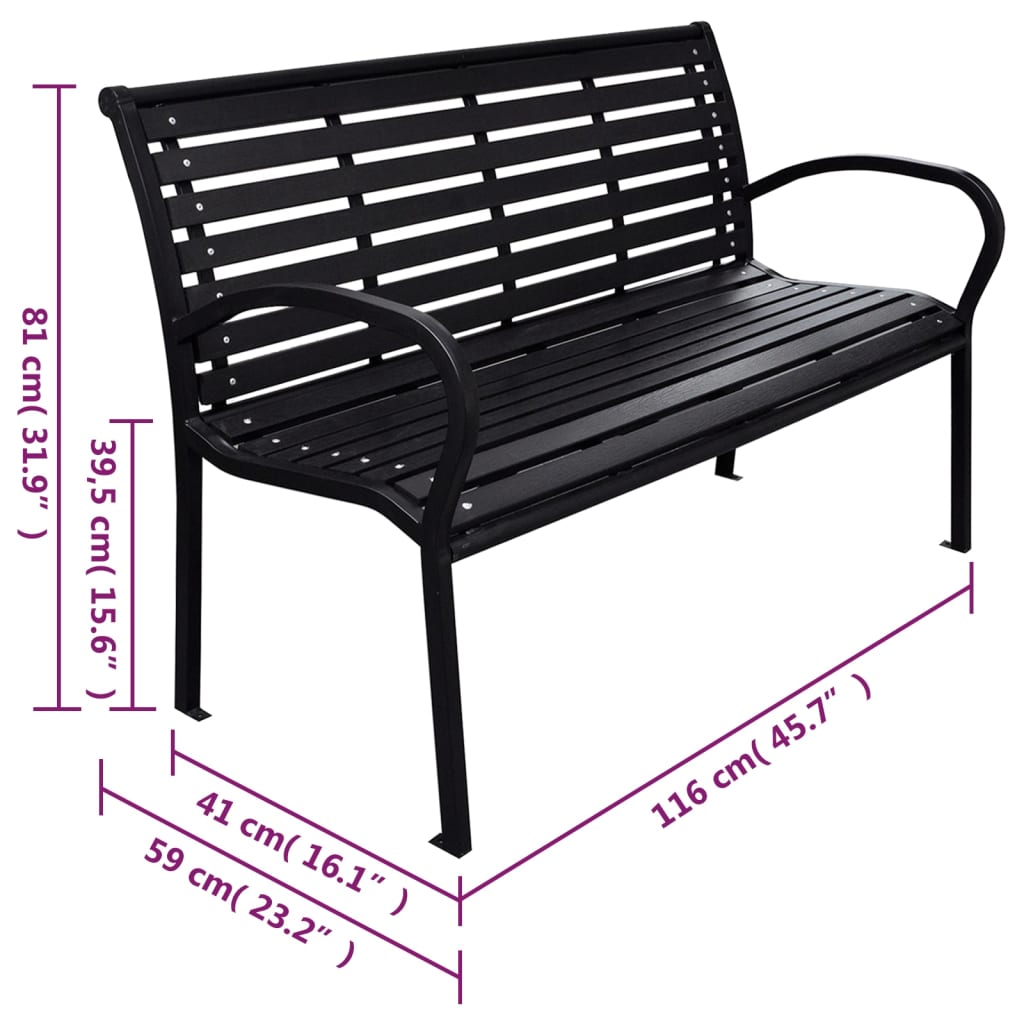 vidaXL Градинска пейка, черна, 116 см, стомана и WPC