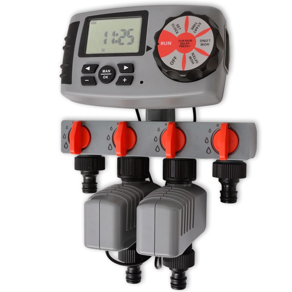 vidaXL Автоматичен таймер за поливане с 4 изхода и сензор за дъжд 3 V
