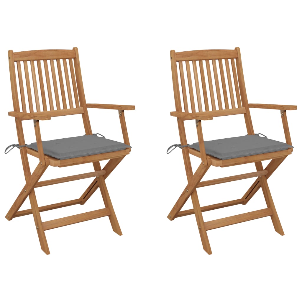 vidaXL Сгъваеми градински столове, 2 бр, с възглавници, акация масив
