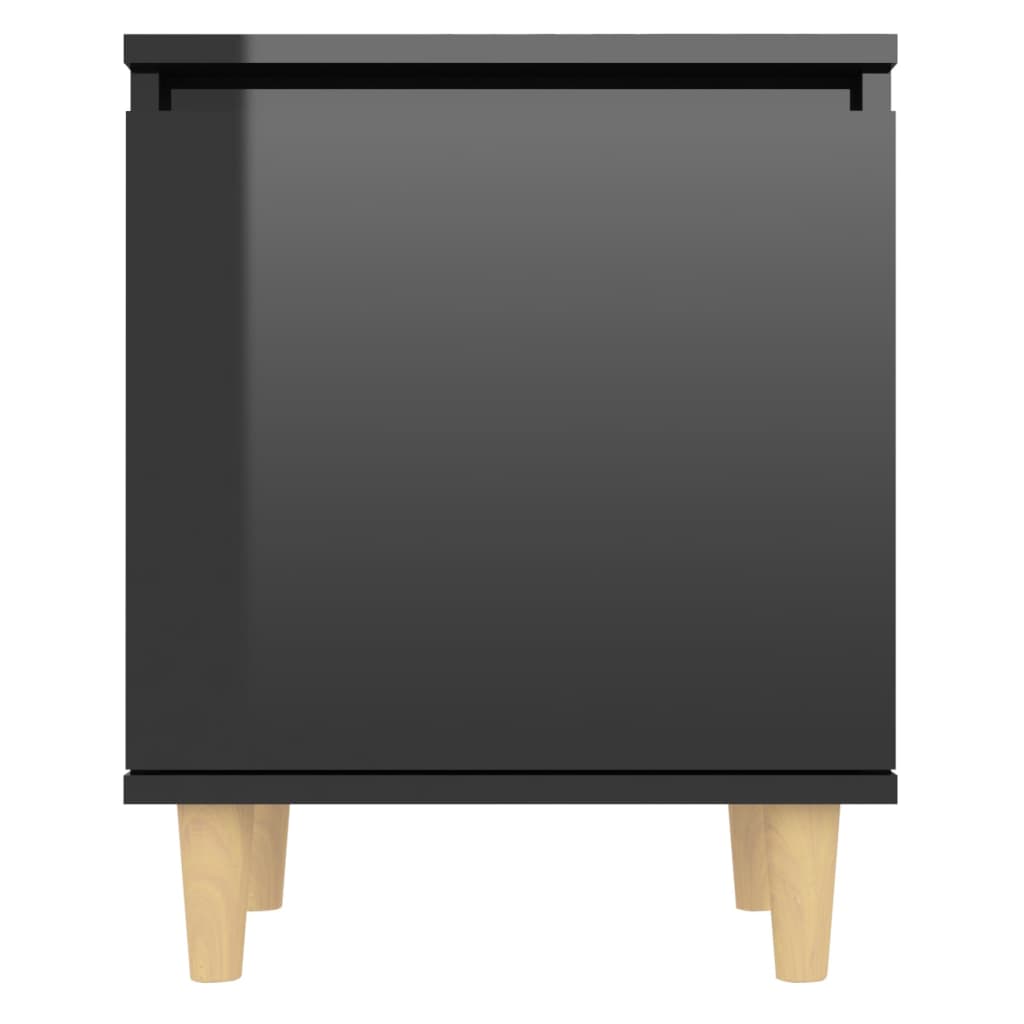 vidaXL Нощно шкафче с крака от дърво масив, черен гланц, 40x30x50 см