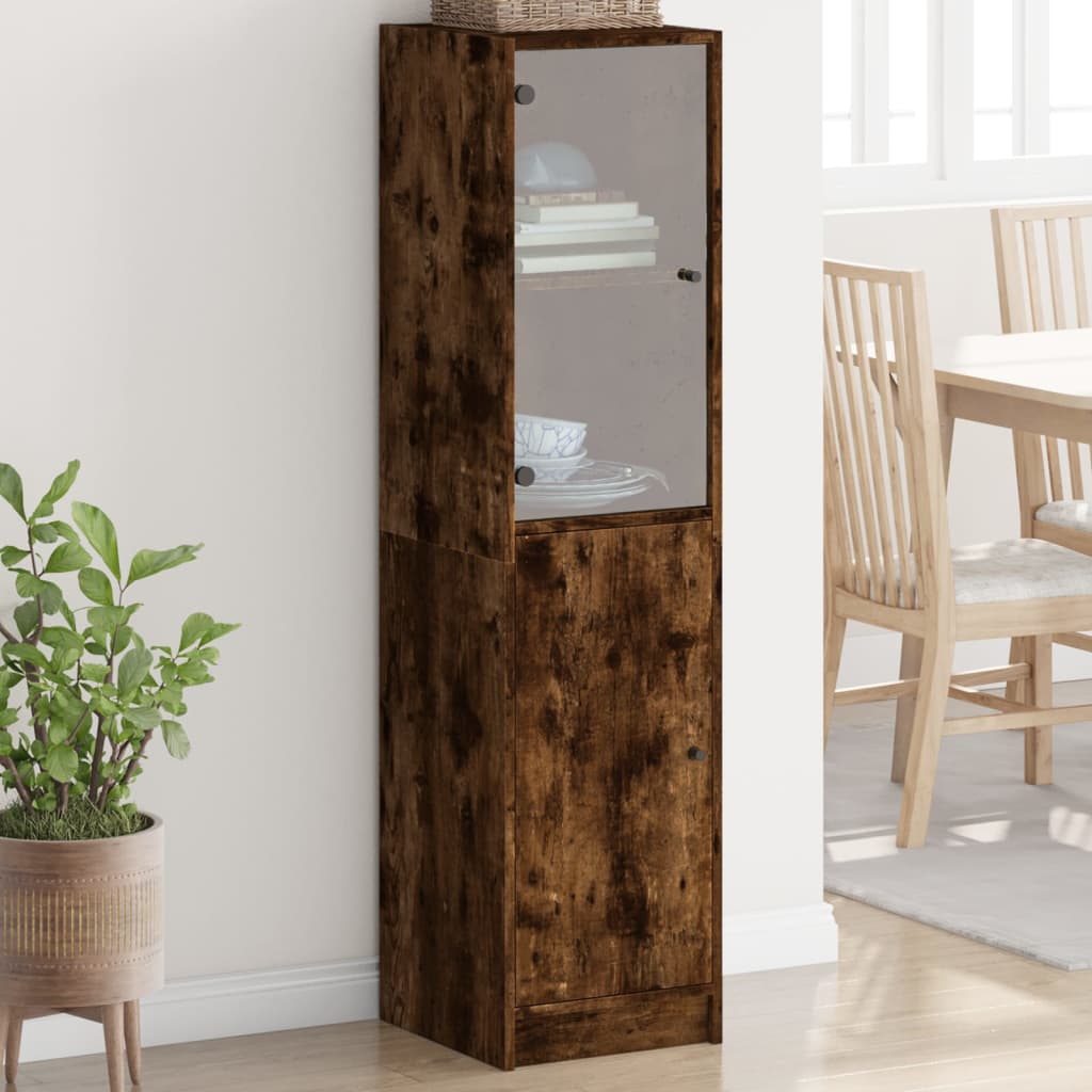 vidaXL Висок шкаф със стъклена врата, опушен дъб, 35x37x142 см