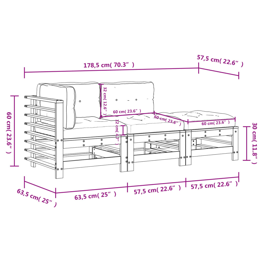 vidaXL Градински комплект с възглавници, 3 части, сив, дърво масив
