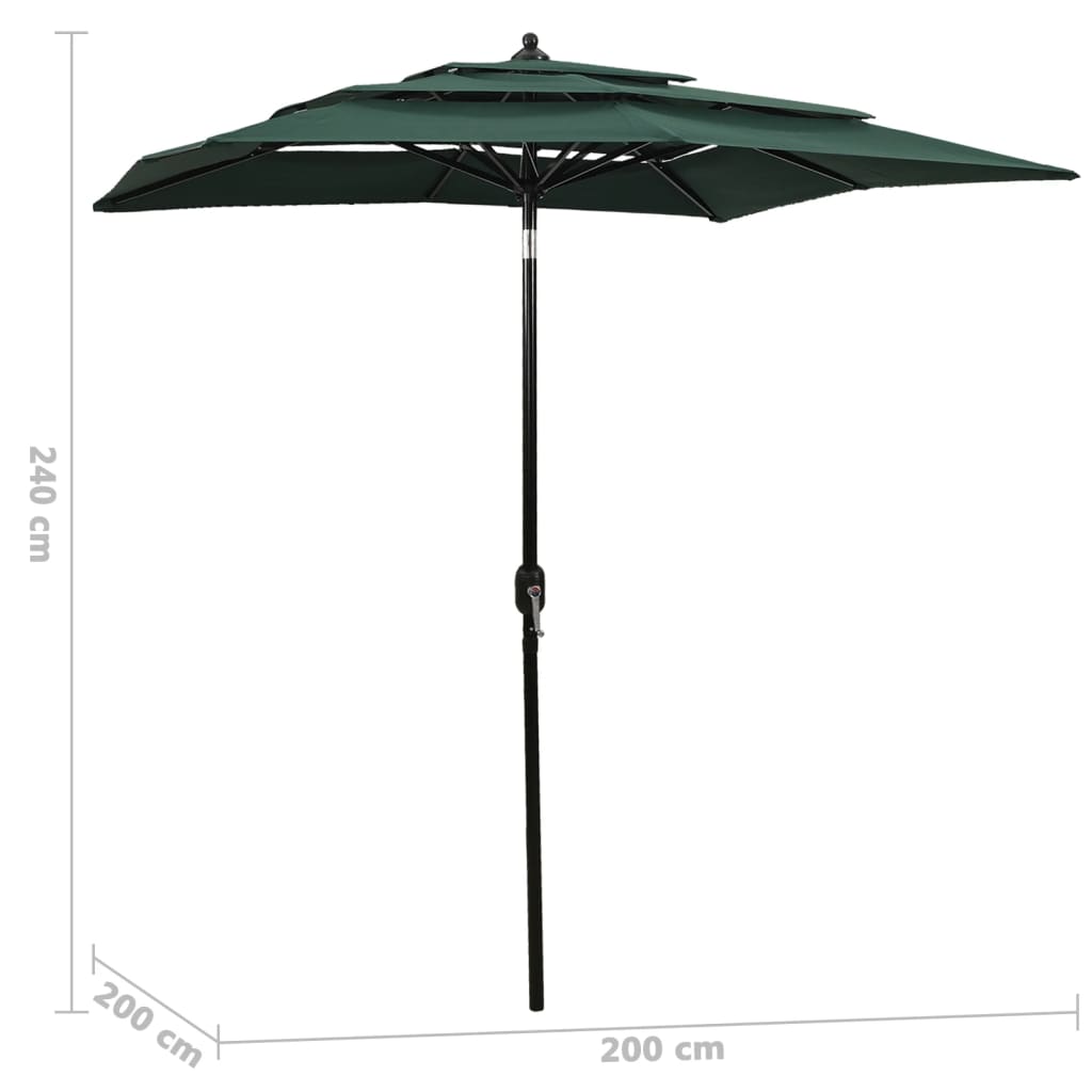 vidaXL Градински чадър на 3 нива с алуминиев прът, зелен, 2x2 м