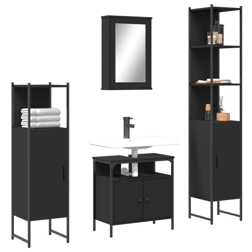 vidaXL Комплект мебели за баня от 4 части, черен, инженерно дърво