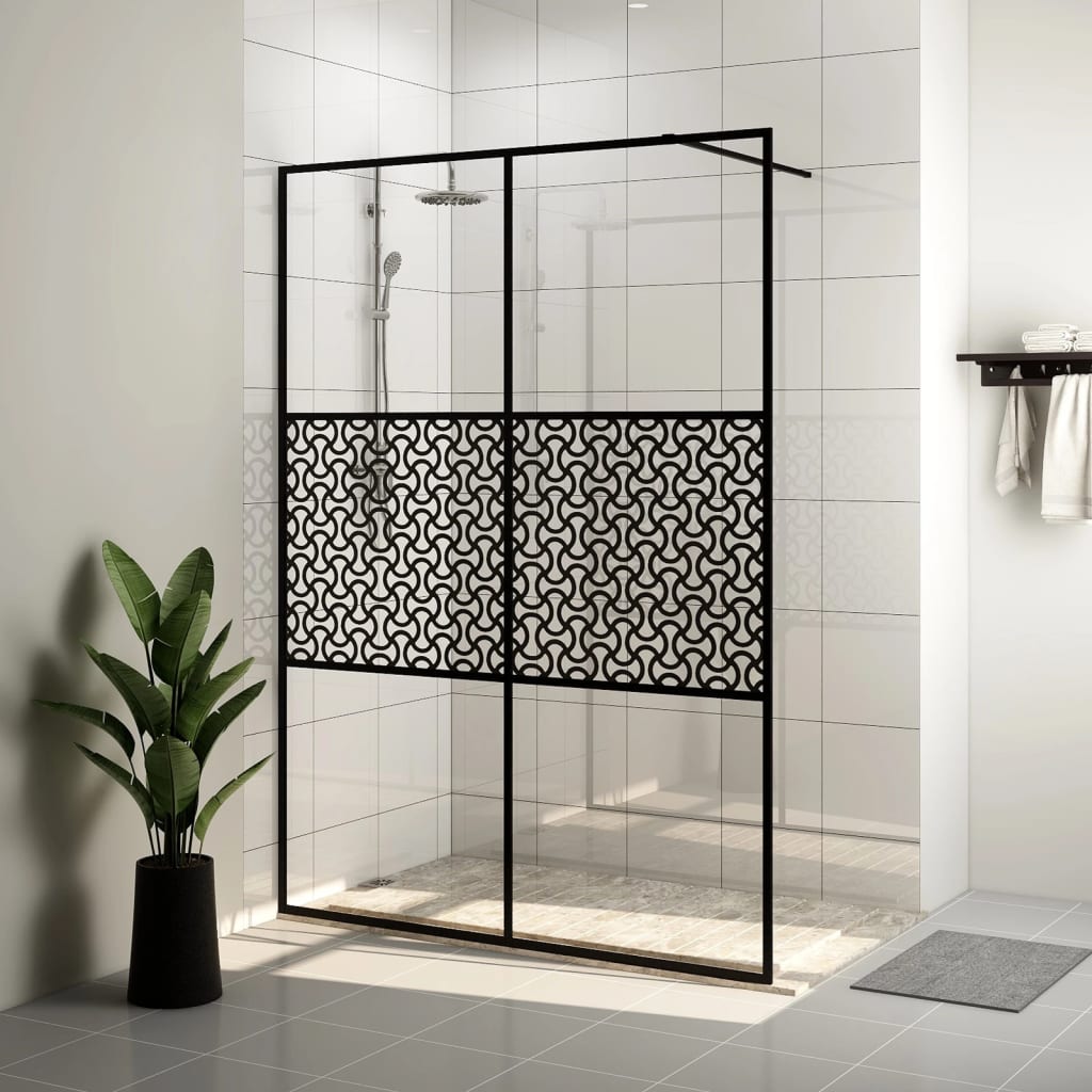 vidaXL Стена за душ с прозрачно ESG стъкло, 140x195 см, черна
