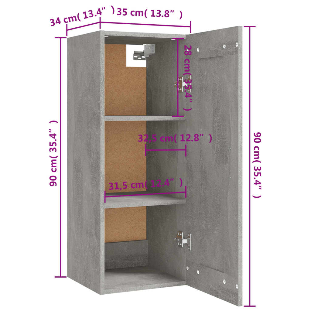 vidaXL Висящ шкаф, бетонно сив, 35x34x90 см, инженерно дърво