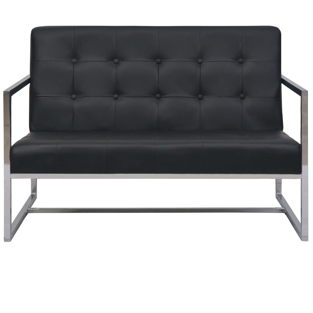 vidaXL Двуместен диван с подлакътници, изкуствена кожа, стомана, черен