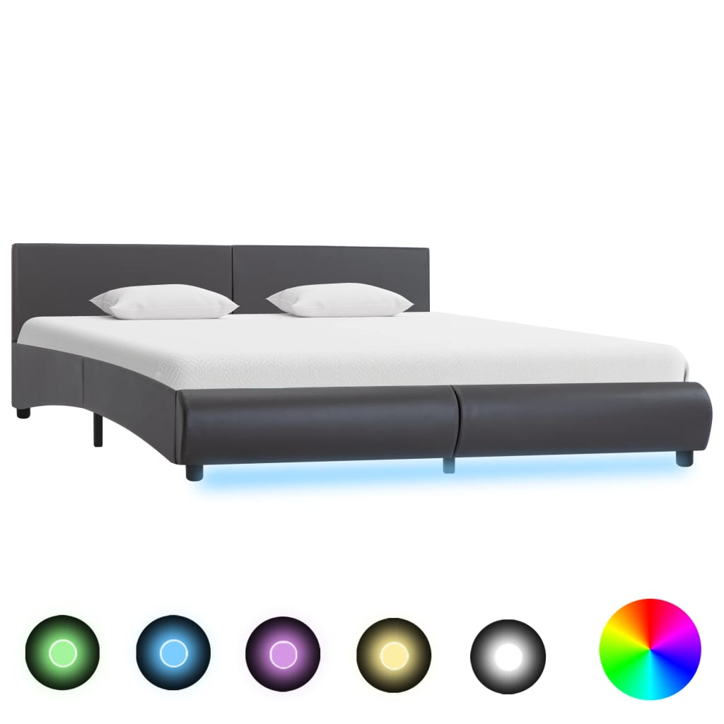 vidaXL Рамка за легло с LED, сива, изкуствена кожа, 180x200 cм