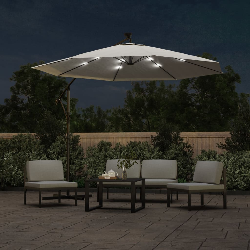 vidaXL Висящ чадър с LED осветление, 300 см, пясъчен, метален прът