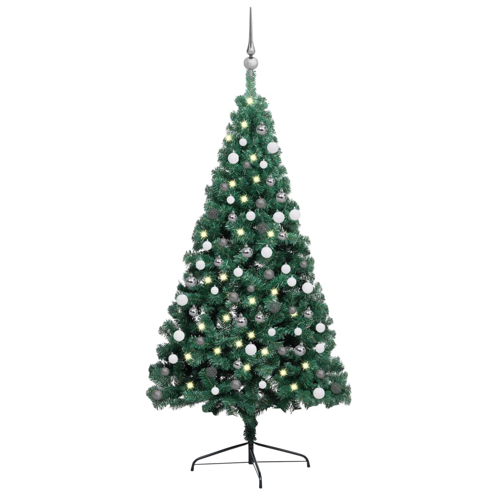 vidaXL Изкуствена светеща половин коледна елха с топки зелена 210 см