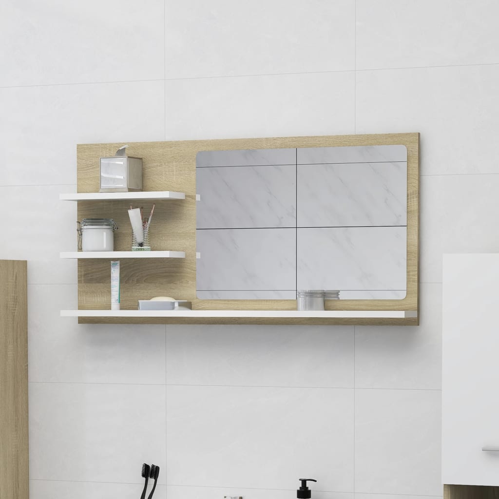 vidaXL Огледало за баня, бяло и дъб сонома, 90x10,5x45 см, ПДЧ