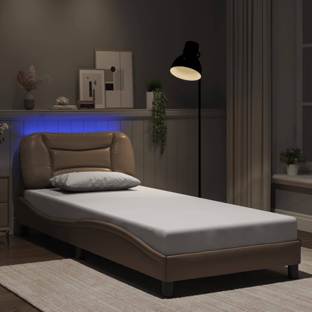vidaXL Рамка за легло с LED осветление, капучино, 80x200 см, еко кожа