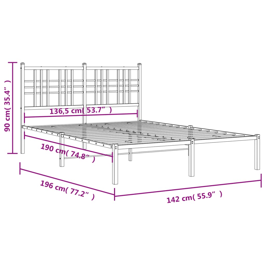 vidaXL Метална рамка за легло с горна табла, бяла, 135x190 см