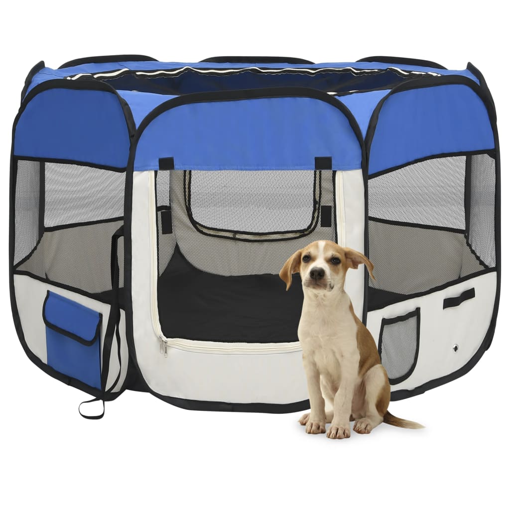 vidaXL Сгъваема кучешка кошара с чанта за носене, синя, 90x90x58 см