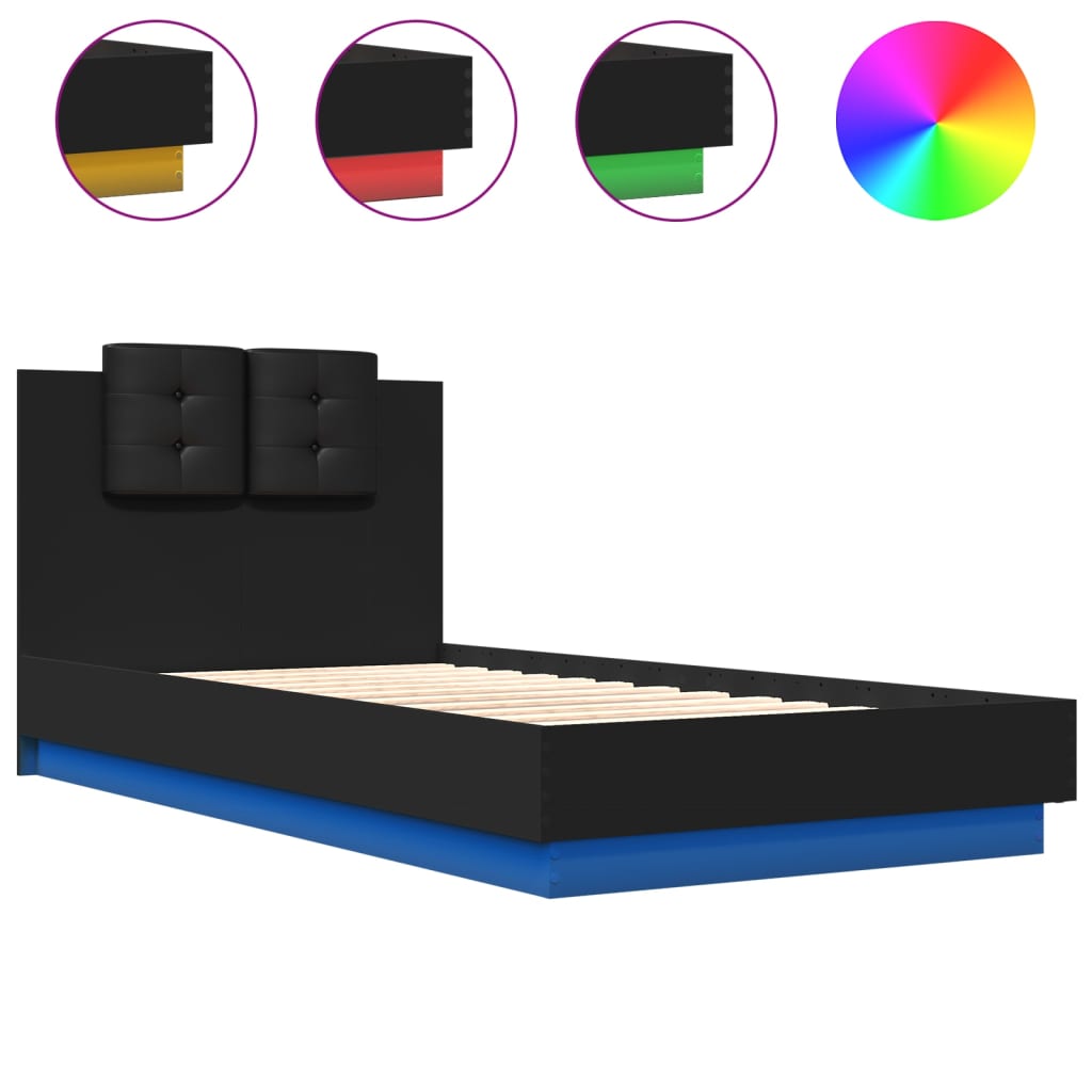vidaXL Рамка за легло с горна табла и LED осветление, черна, 75x190 см