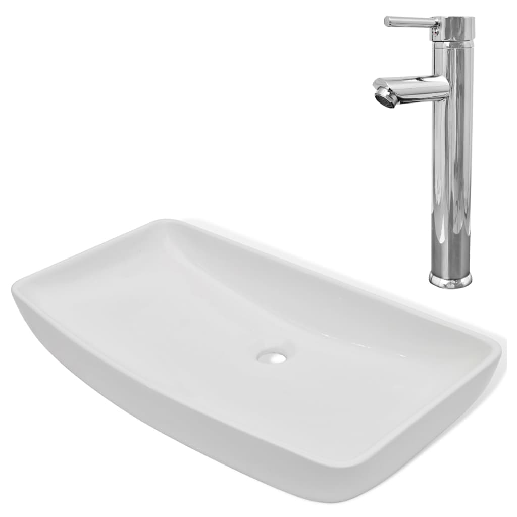 vidaXL Мивка за баня със смесител, керамична, правоъгълна, бяла