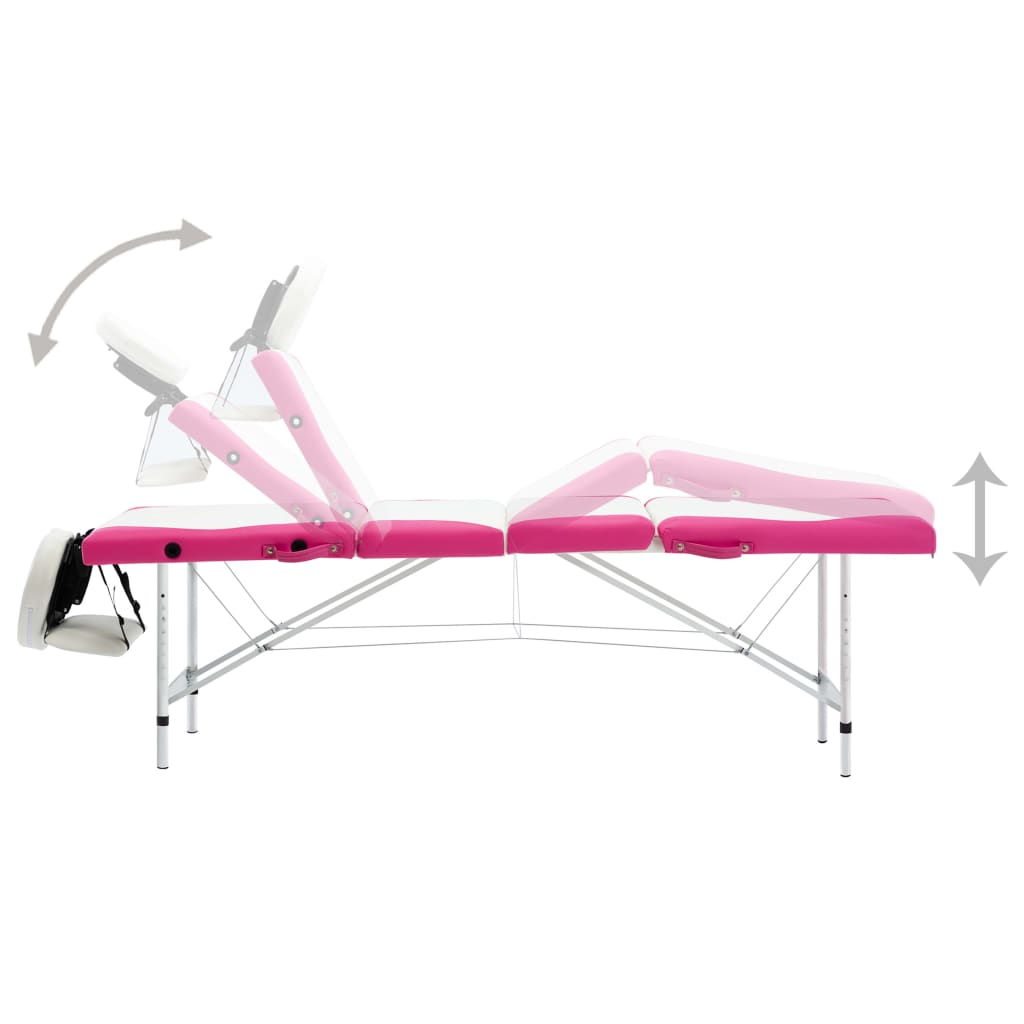 vidaXL 4-зонова сгъваема масажна кушетка, алуминий, бяло и розово