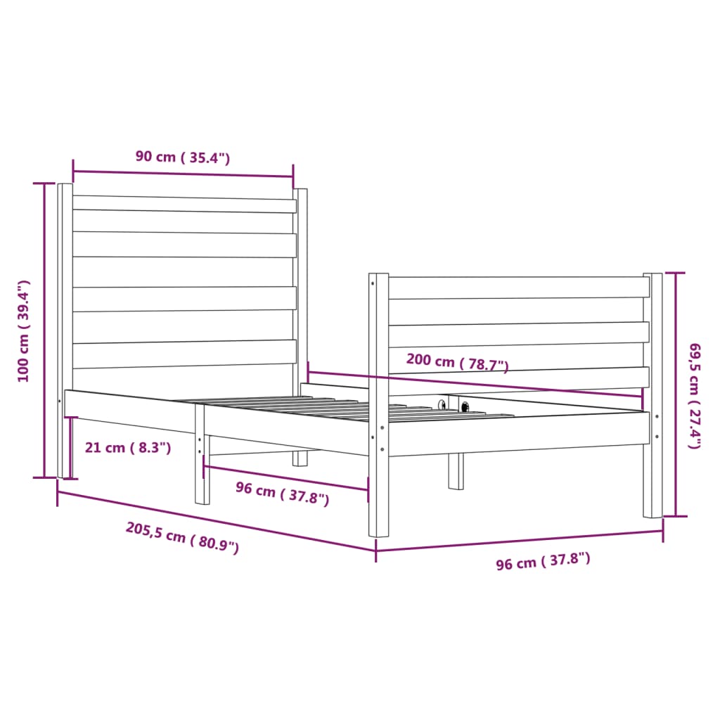 vidaXL Рамка за легло, бор масив, 90x200 см, бяла