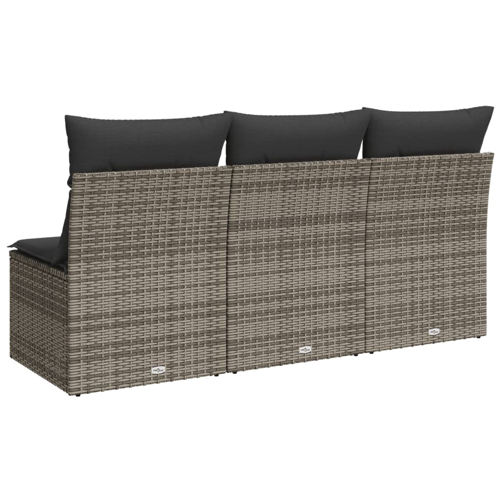 vidaXL Градински диван с възглавници, 3-местен, сив, полиратан