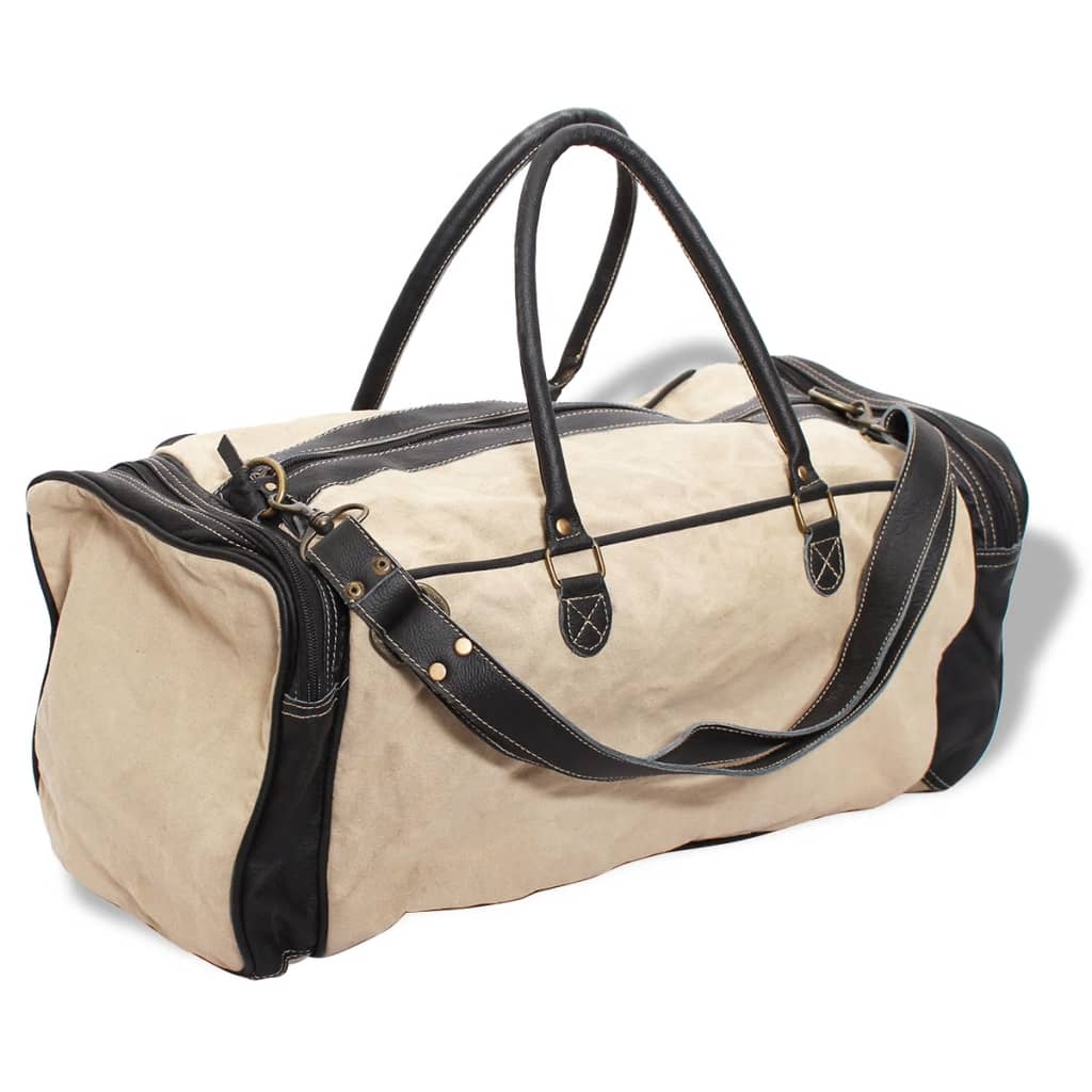 vidaXL Пътна чанта, естествена кожа и текстил, бежово