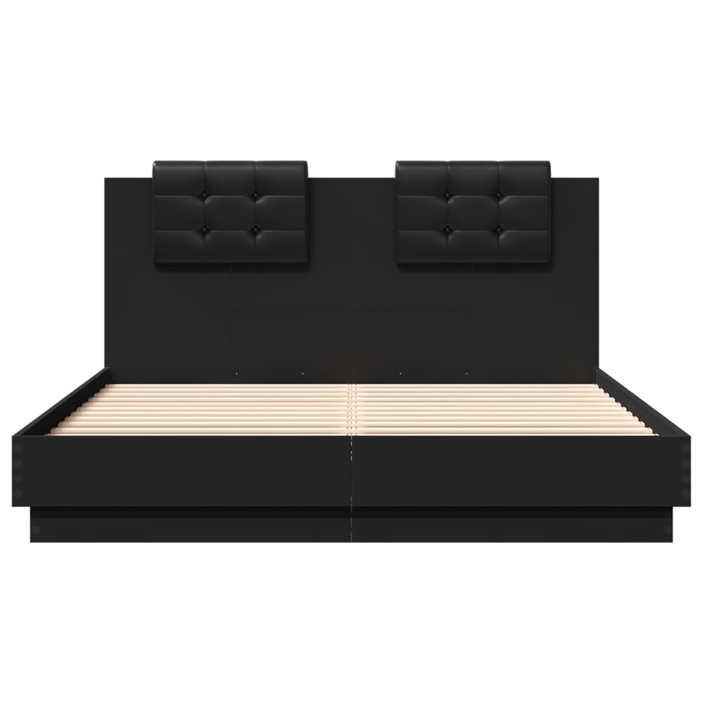 vidaXL Рамка за легло с табла и LED осветление, черна, 150x200 см