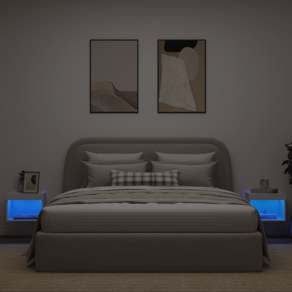 vidaXL Нощни шкафчета с LED осветление, за стенен монтаж, 2 бр, бели