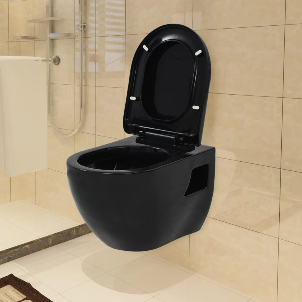 vidaXL Окачена тоалетна чиния, керамична, черна