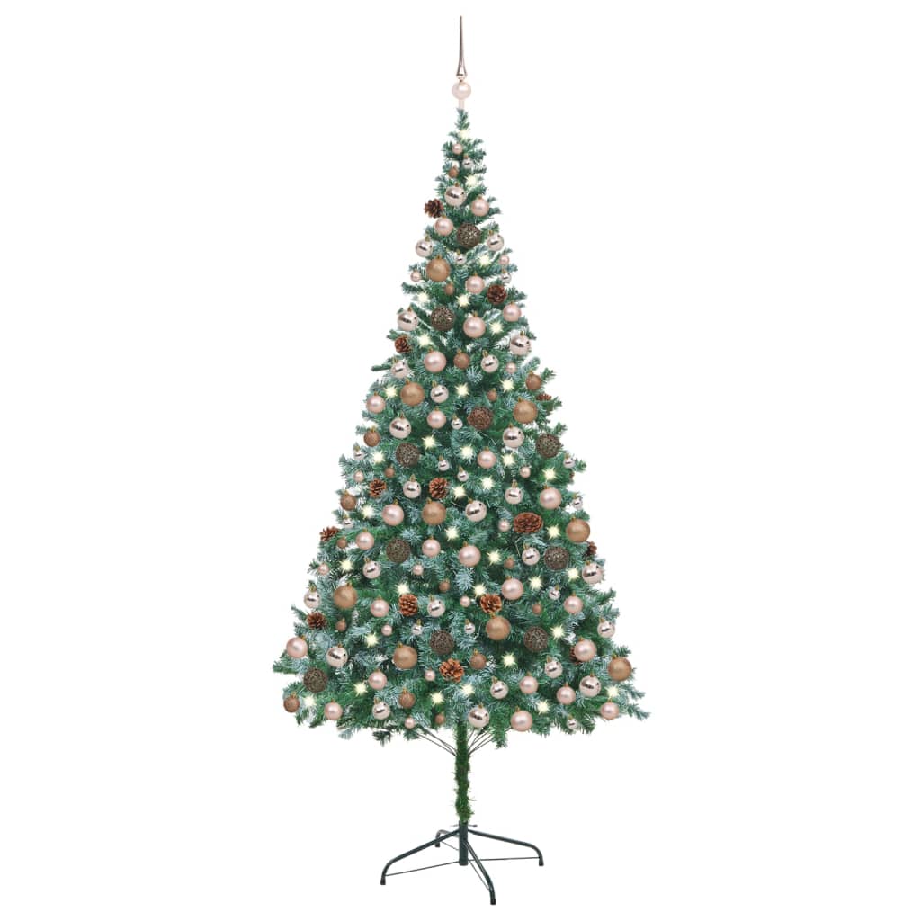 vidaXL Изкуствена осветена коледна елха с топки и шишарки 210 см