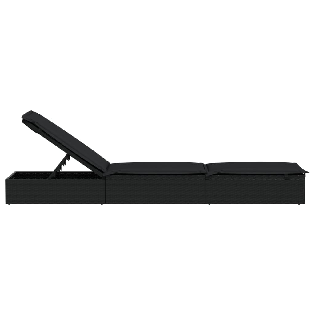 vidaXL Шезлонг с възглавница, черен, 201x55x62 см, полиратан