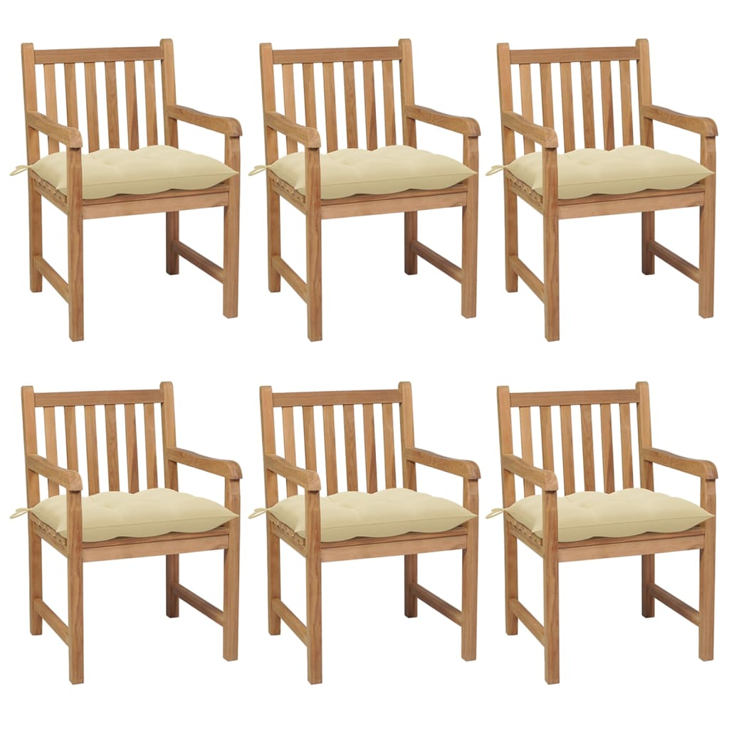 vidaXL Градински столове, 6 бр, с кремавобели възглавници, тик масив