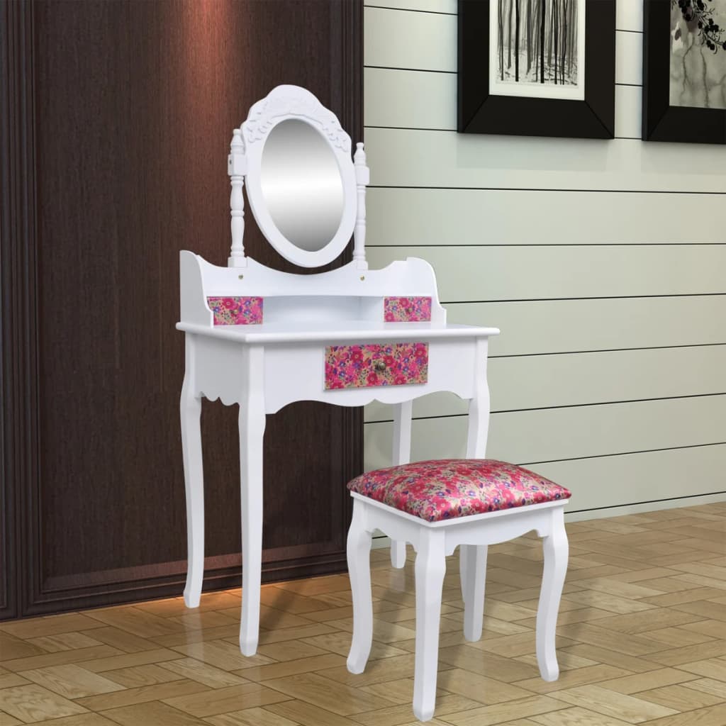 vidaXL Тоалетка с огледало и табуретка с флорални мотиви