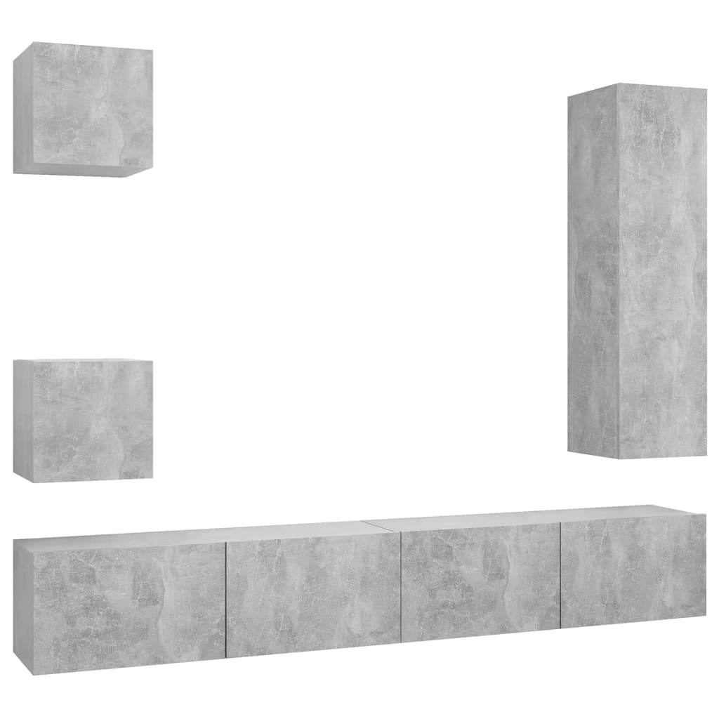vidaXL Комплект ТВ шкафове от 5 части, бетонно сиви, ПДЧ