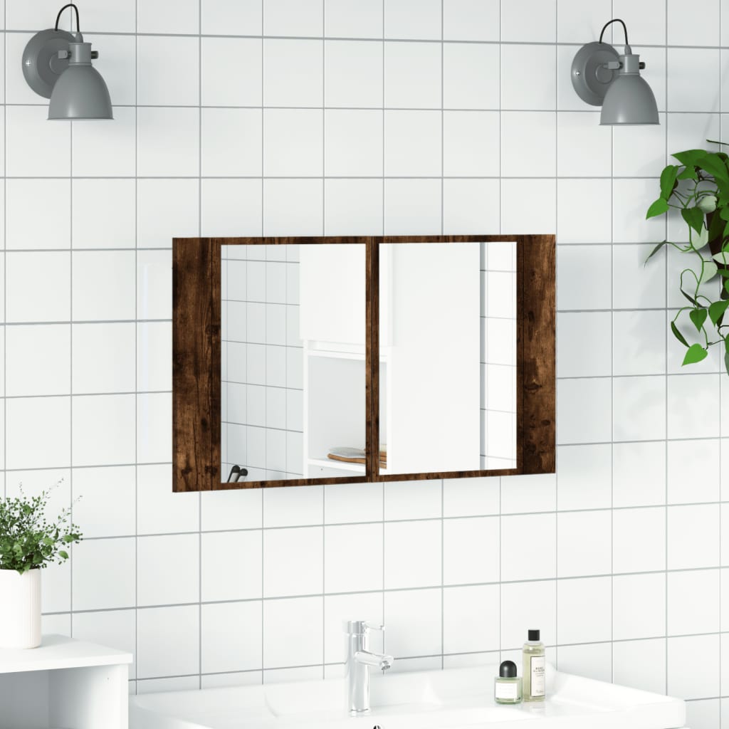 vidaXL Шкаф с LED огледало за баня, опушен дъб, 80x12x45 см, акрил
