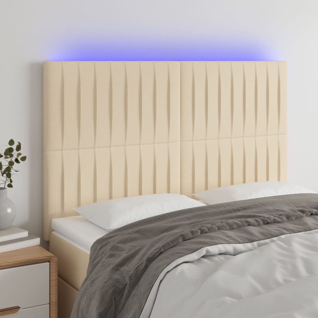 vidaXL LED горна табла за легло, кремава, 144x5x118/128 см, плат