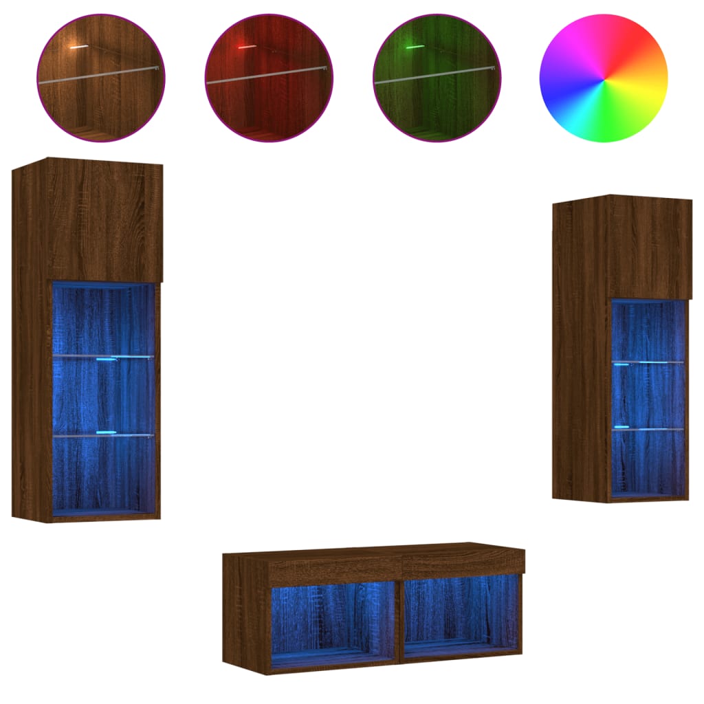 vidaXL ТВ стенни шкафове, 4 части, с LED светлини, кафяв дъб