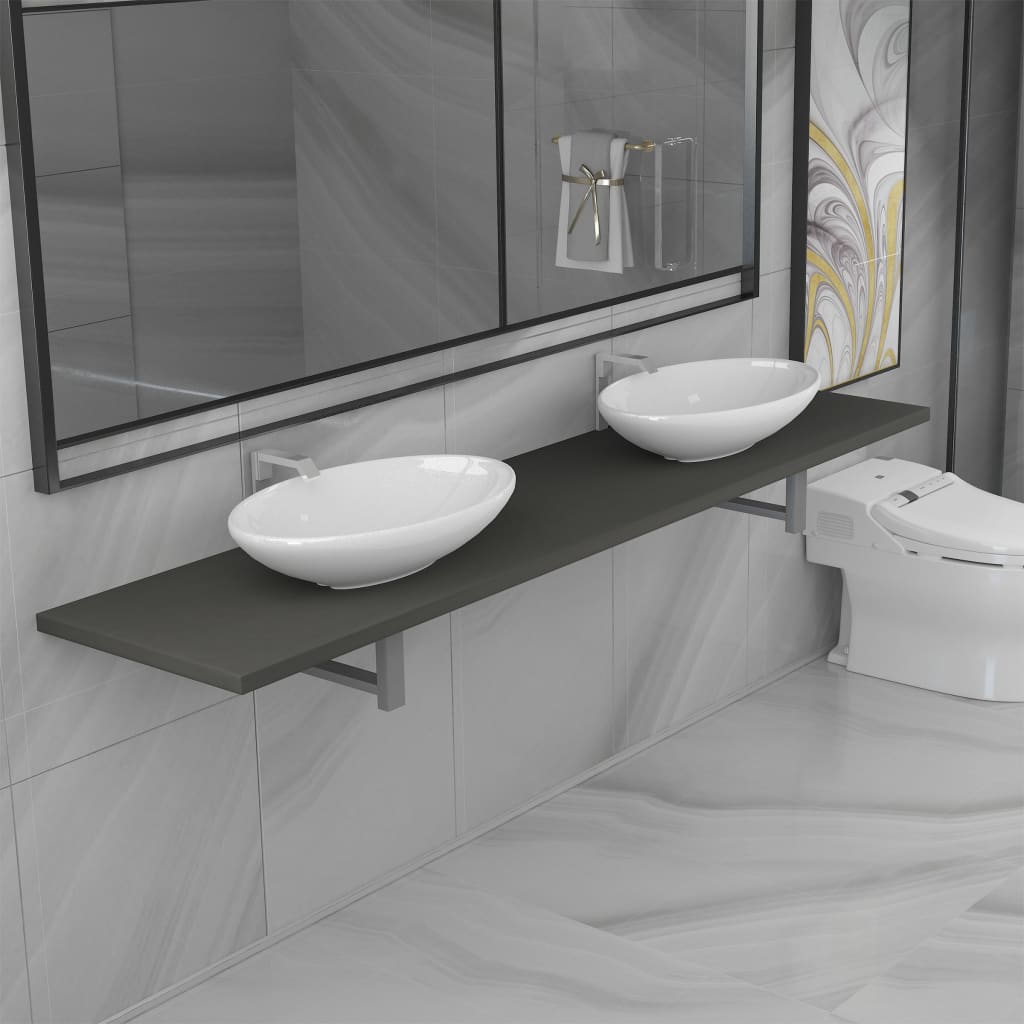 vidaXL Комплект мебели за баня от три части, керамика, сив