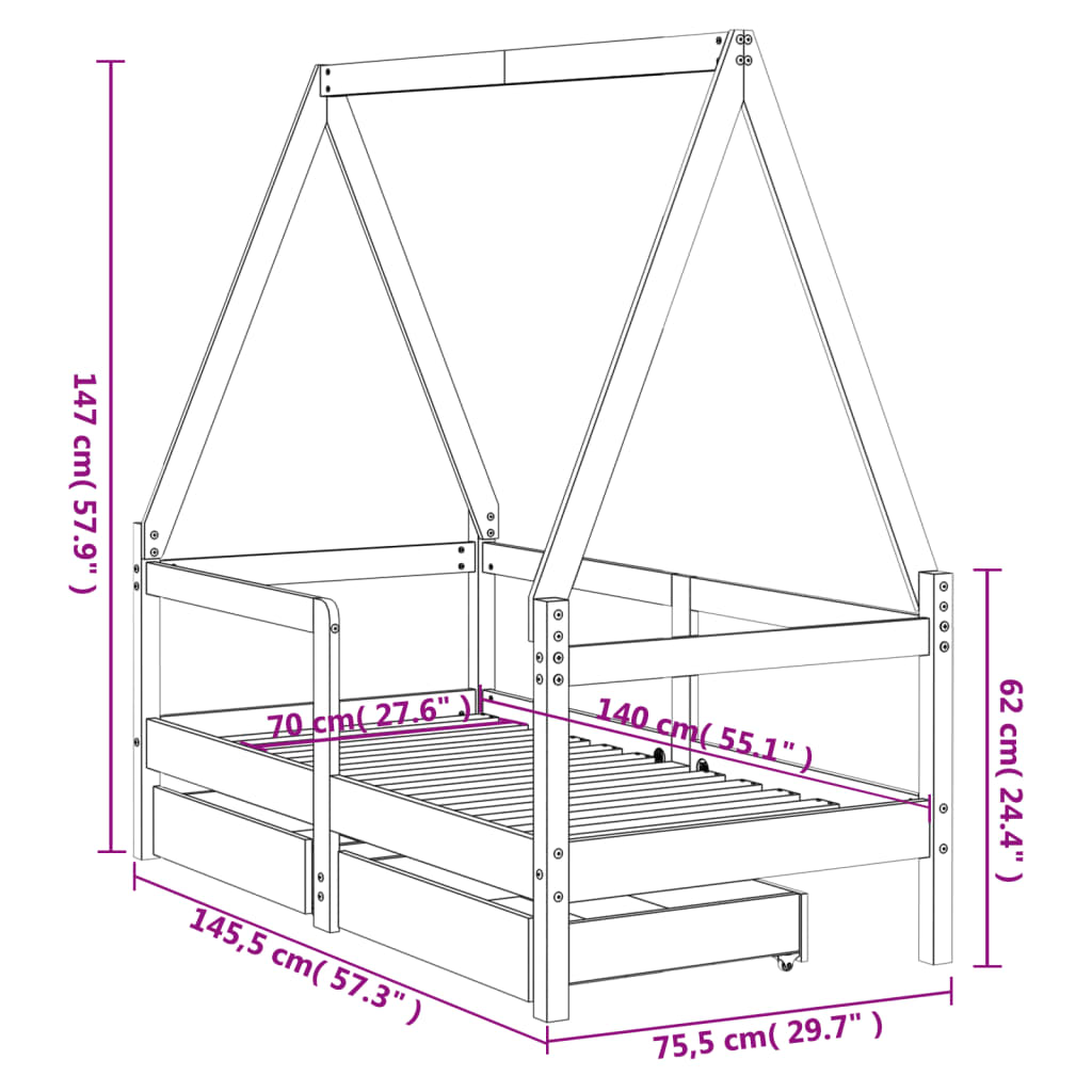vidaXL Рамка за детско легло с чекмеджета, 70x140 см, бор масив