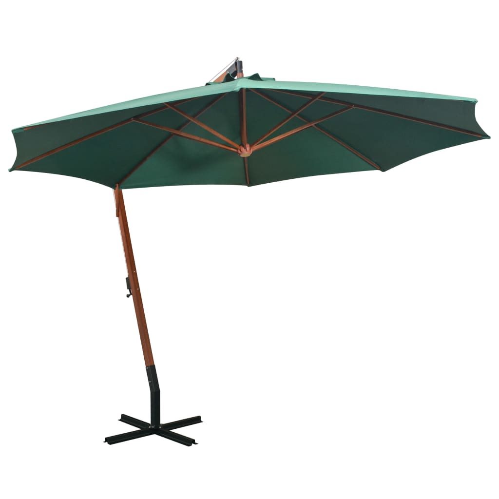 vidaXL Висящ чадър за слънце, 350 см, дървен прът, зелен