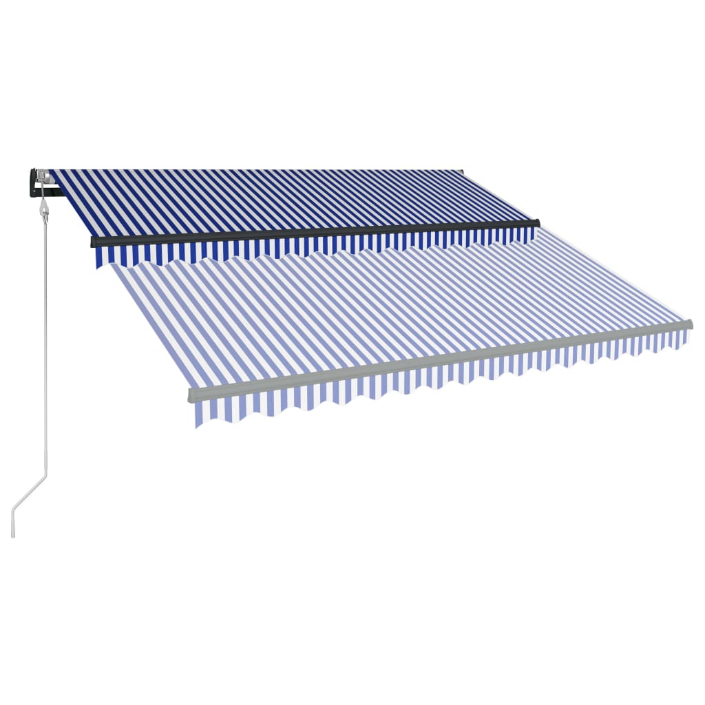 vidaXL Сенник, сензор за вятър и LED, 450x300 см, синьо и бяло