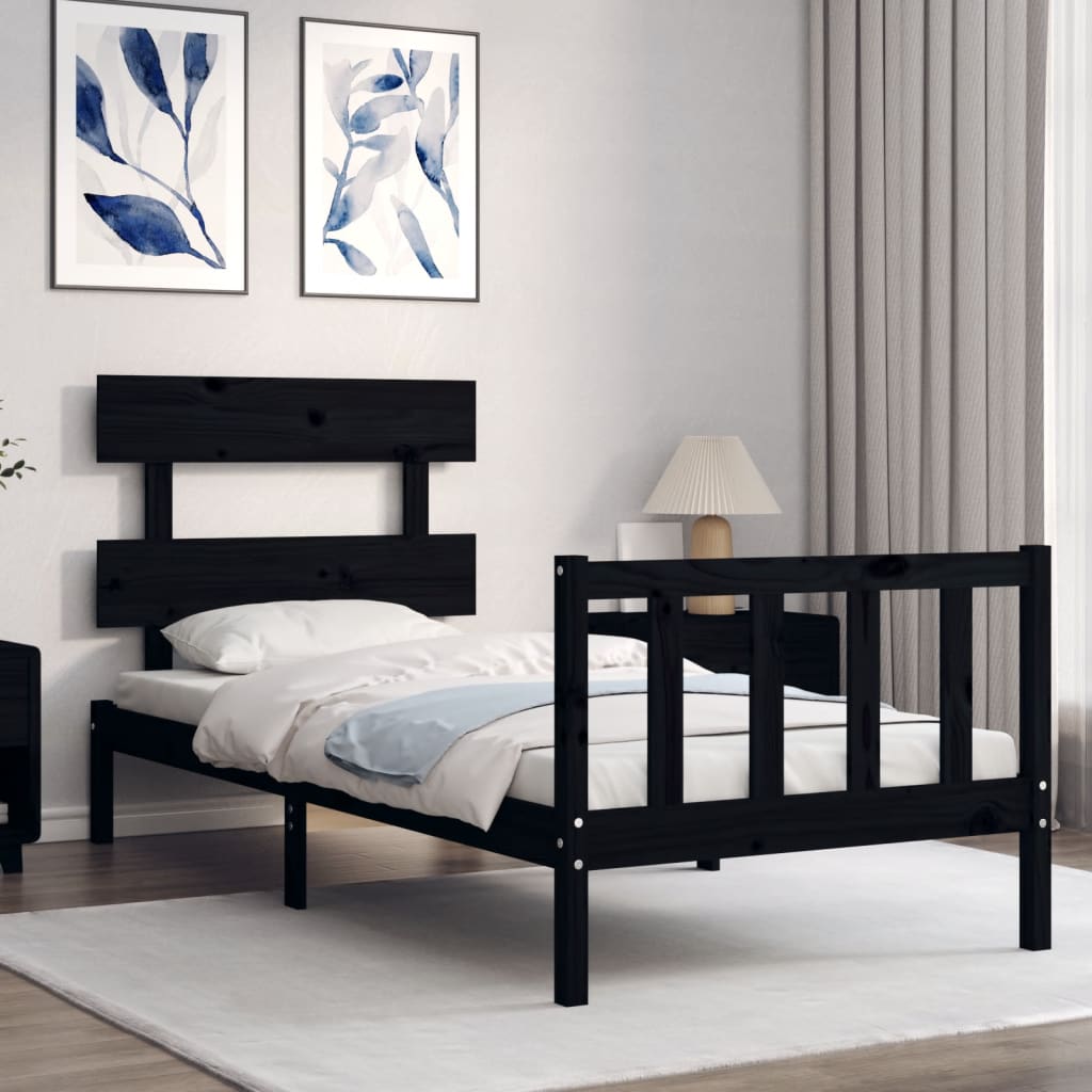 vidaXL Рамка за легло с табла черна Small Single дърво масив